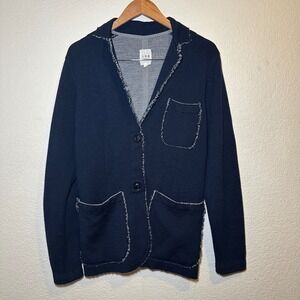 LDB Womens XL Blazer Jacket 100% Merino Wool Navy Blue Boho Tweed Patch Pockets